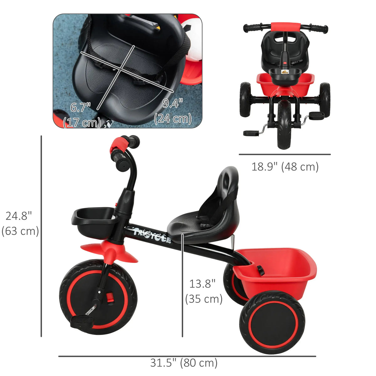 Large Kids Tricycle, Adjustable Seat, Safety Belt, 2 Storage Baskets, Red Tricycles for Kids at Gallery Canada
