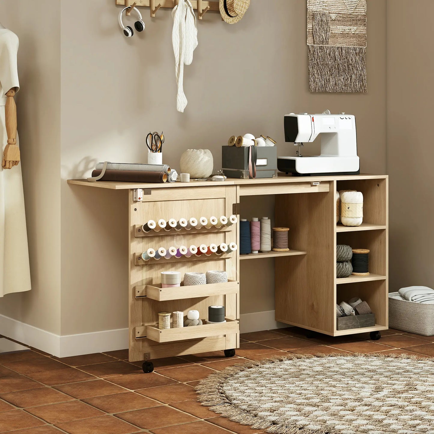 Sewing Machine Table with Drop Leaf, Rattan Door, Storage Shelves, Natural Storage Cabinets at Gallery Canada