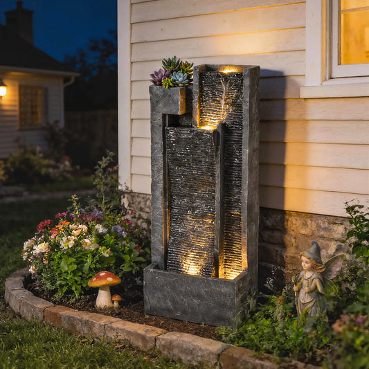 3-Tier Outdoor Water Fountain With LED Lights, Planter, Pump, Dark Grey Water Fountains Dark Grey at Gallery Canada