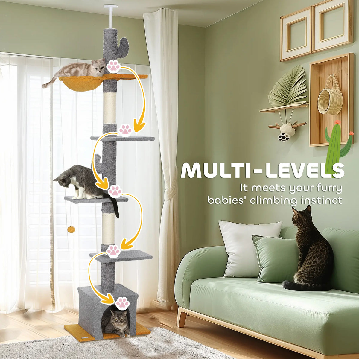Adjustable Cat Tree Tower, 90.5"-108", Scratching Posts, Hammock, Light Grey Floor to Ceiling Cat Trees at Gallery Canada