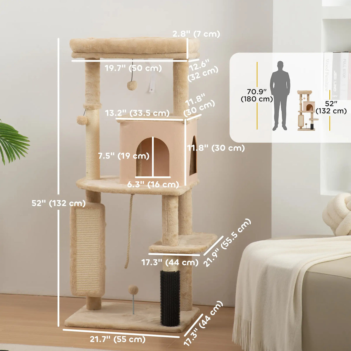 52 Inch Cat Tree with Scratching Posts, Bed, Condo, Grooming Brush Cat Towers at Gallery Canada