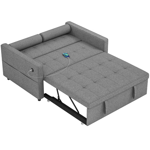 Pull Out Sofa Bed, Sleeper Couch with USB, Small Linen Loveseat, Grey