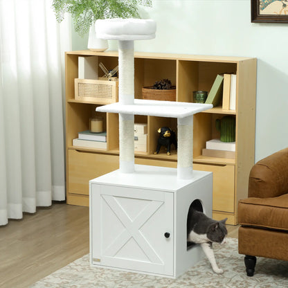 Cat Tree with Litter Box, Scratching Posts, Large Platform, Bed, White Cat Litter Box Enclosures at Gallery Canada