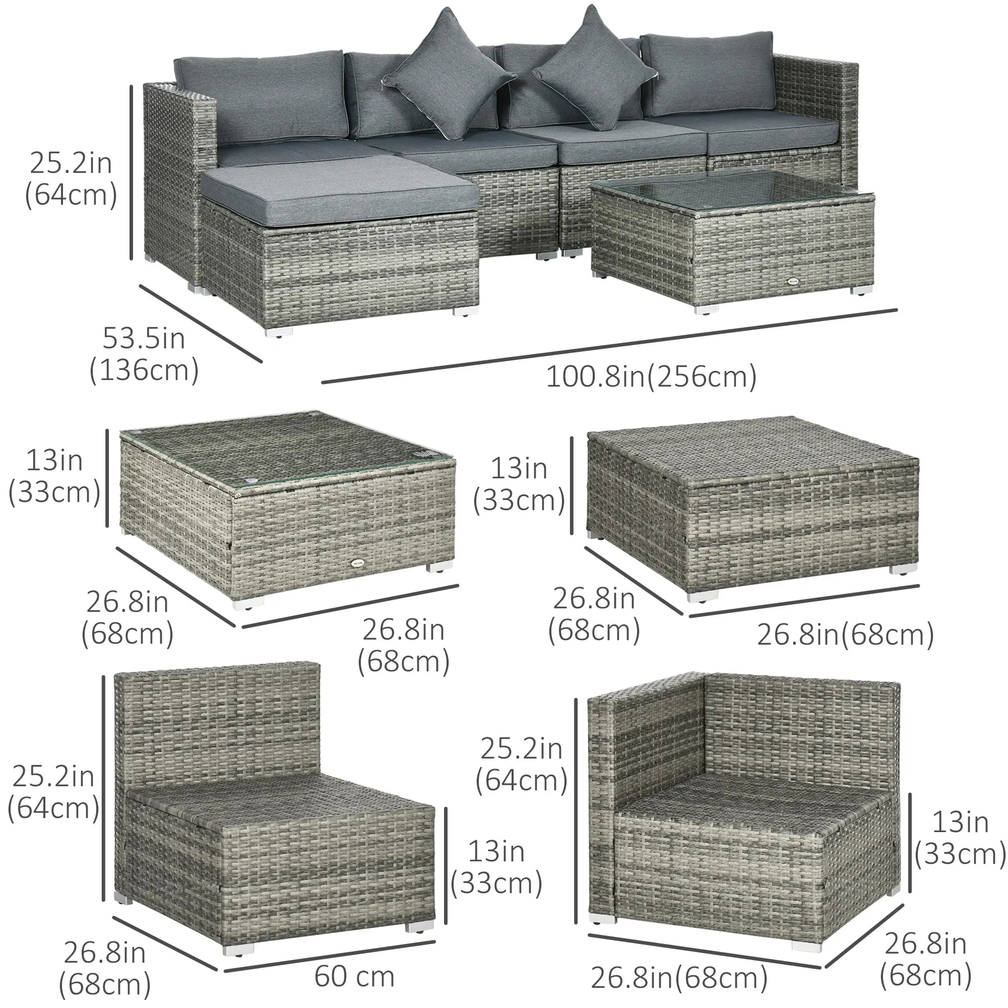 6-Piece Patio Rattan Sofa Set with Cushions, Grey Glass Table, Grey Patio Furniture Sets at Gallery Canada