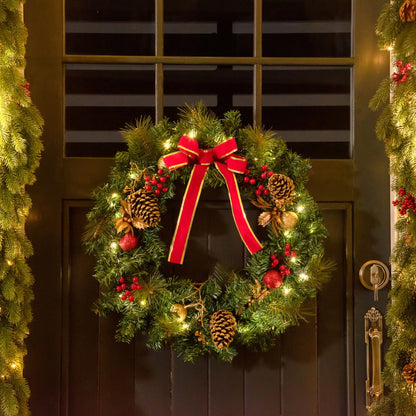 24" Pre-Lit Christmas Wreath, Artificial Greenery, 20 LED Lights, Red Berries Christmas Wreaths at Gallery Canada