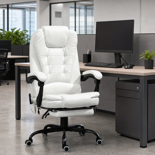 7-Point Vibrating Massage Chair, Reclining Office Chair, Adjustable Height, White