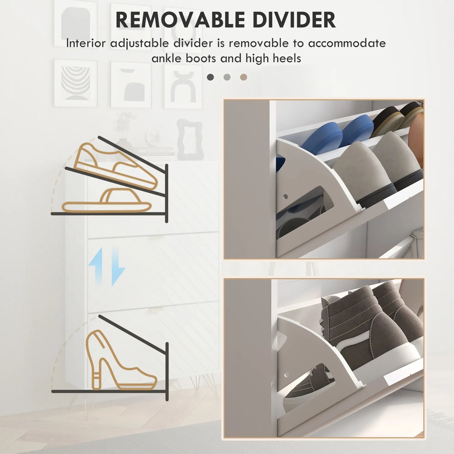 Modern Shoe Storage Cabinet, 3 Flip Drawers for 18 Pairs, Narrow, White Shoe Storage Cabinets & Racks at Gallery Canada