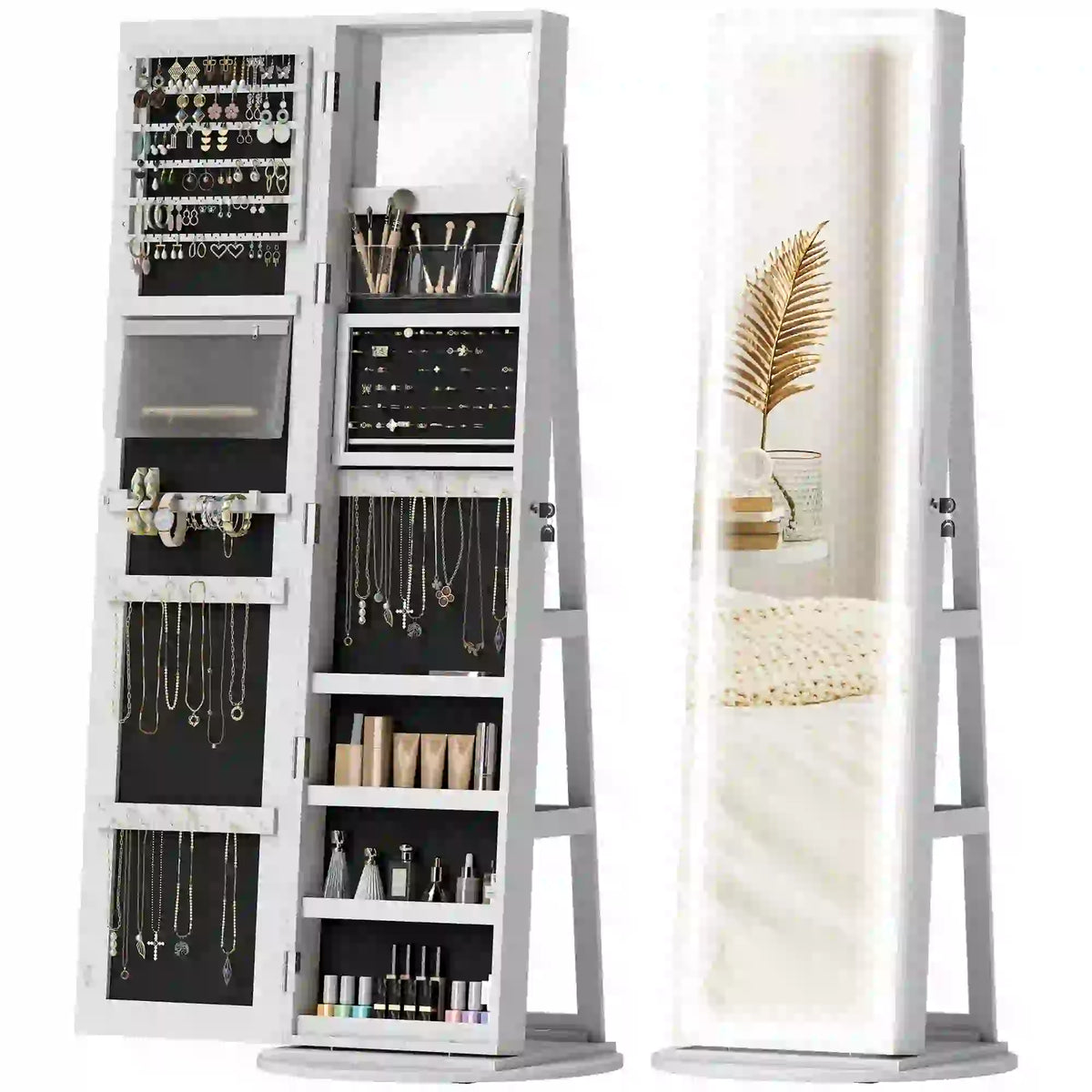 360° Swivel Jewelry Cabinet, Full Length Mirror, Lockable, LED Lights, White Jewelry Armoire & Jewellery Mirror Cabinets at Gallery Canada