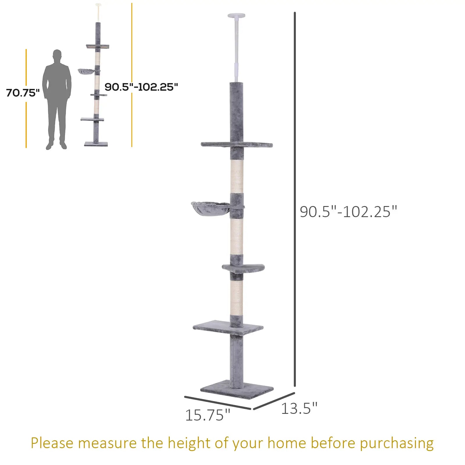 8.5ft Cat Climbing Tree, 5-Tier Activity Center, Scratching Post, Grey Floor to Ceiling Cat Trees at Gallery Canada
