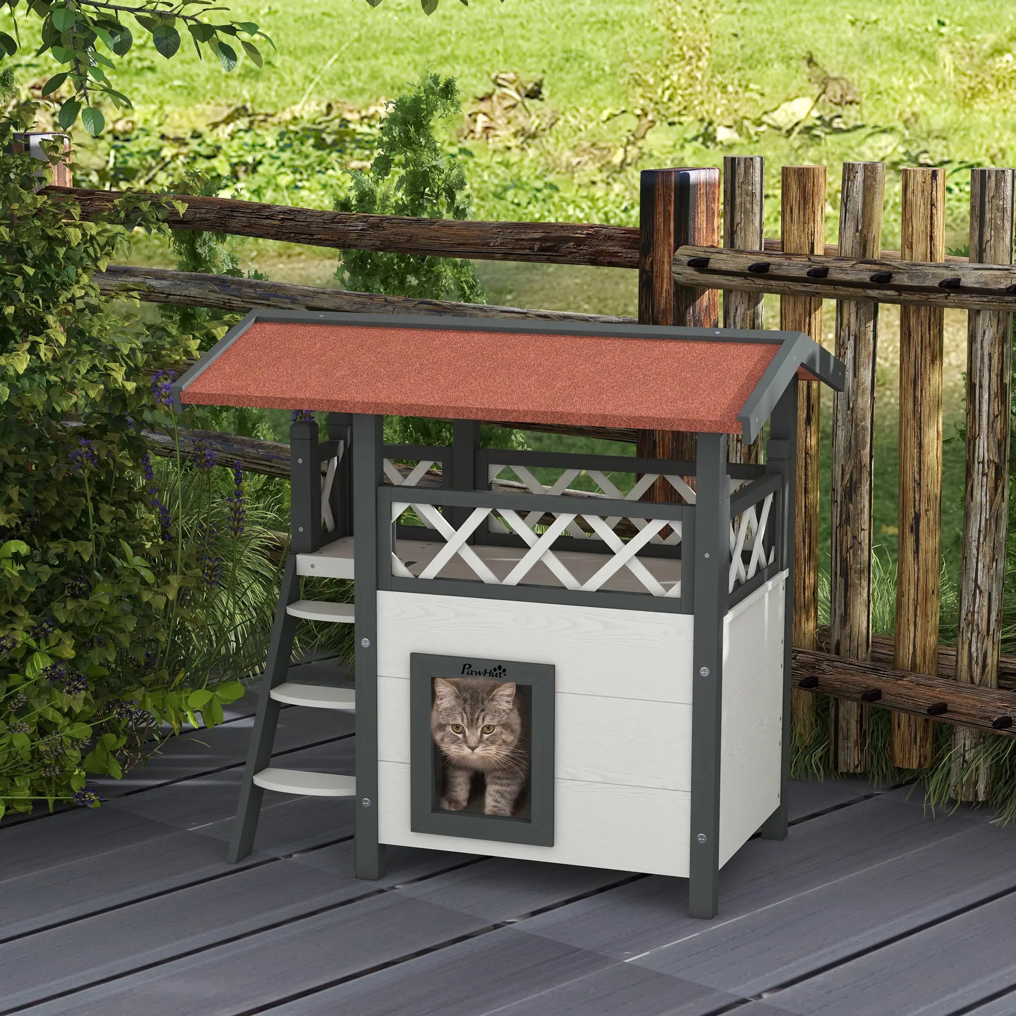 Wooden 2-Story Cat Shelter, Asphalt Roof, Stairs, Balcony, 30