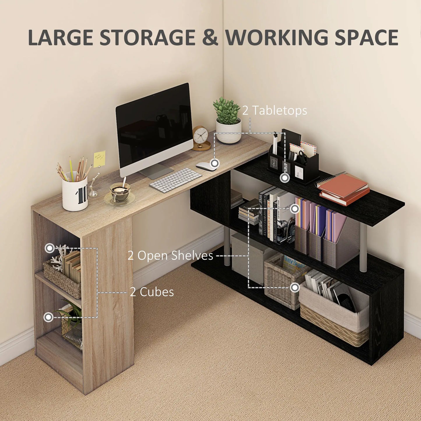 55" Corner Computer Desk, L-Shaped Rotating Workstation, 3-Tier Shelves Computer Desks at Gallery Canada