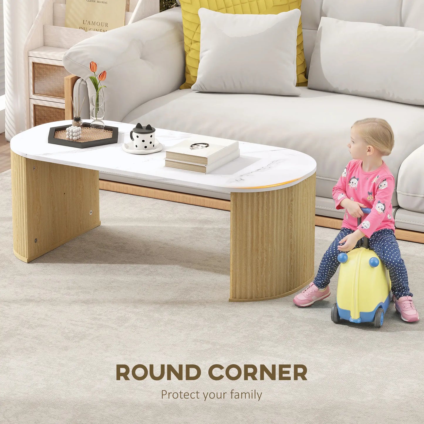 Modern Marble-Effect Coffee Table, Round Corners, Thicken Legs, Natural Wood Coffee Tables at Gallery Canada