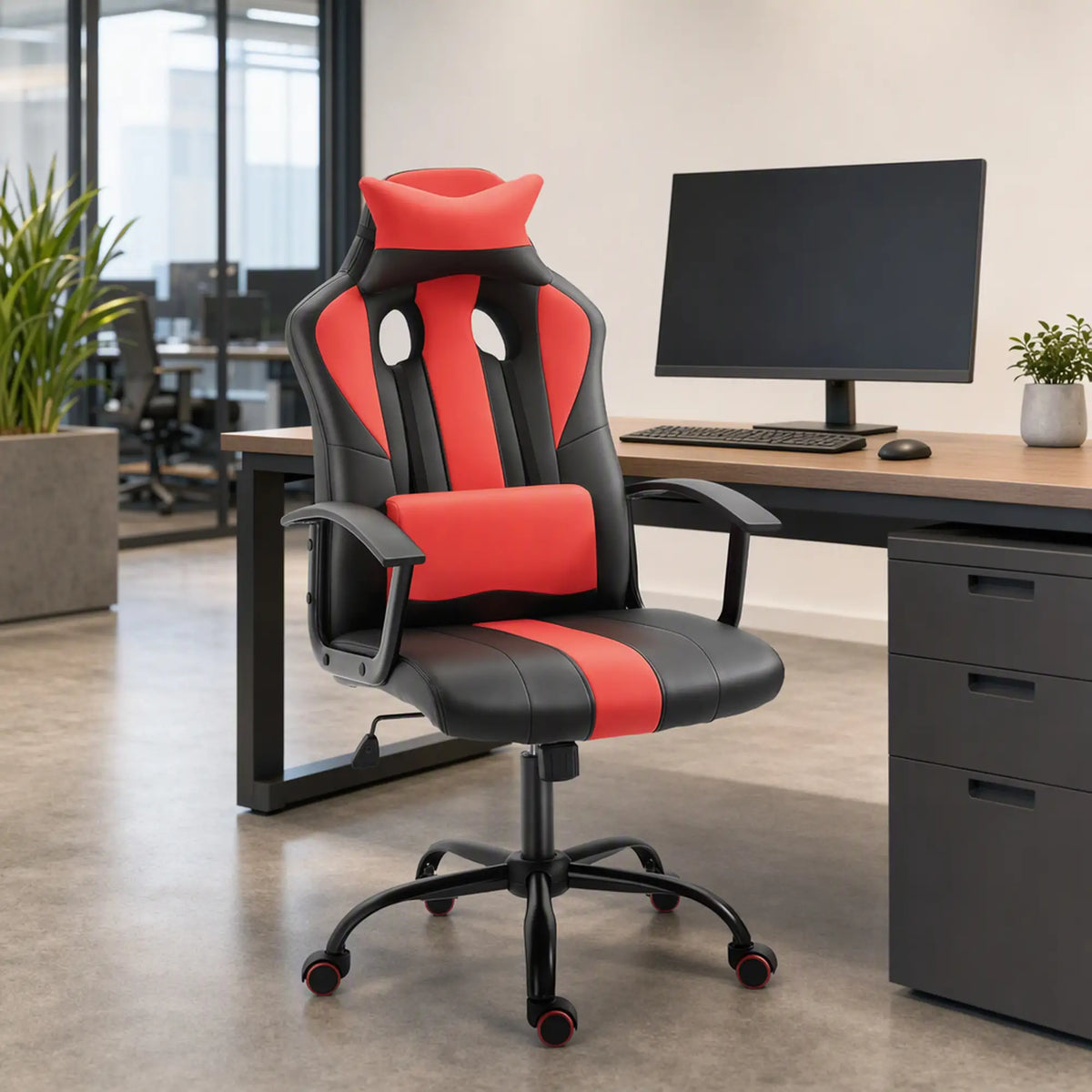 High Back Racing Style Gaming Chair, Adjustable PU Leather, Lumbar Support, Red Video Game Chairs at Gallery Canada
