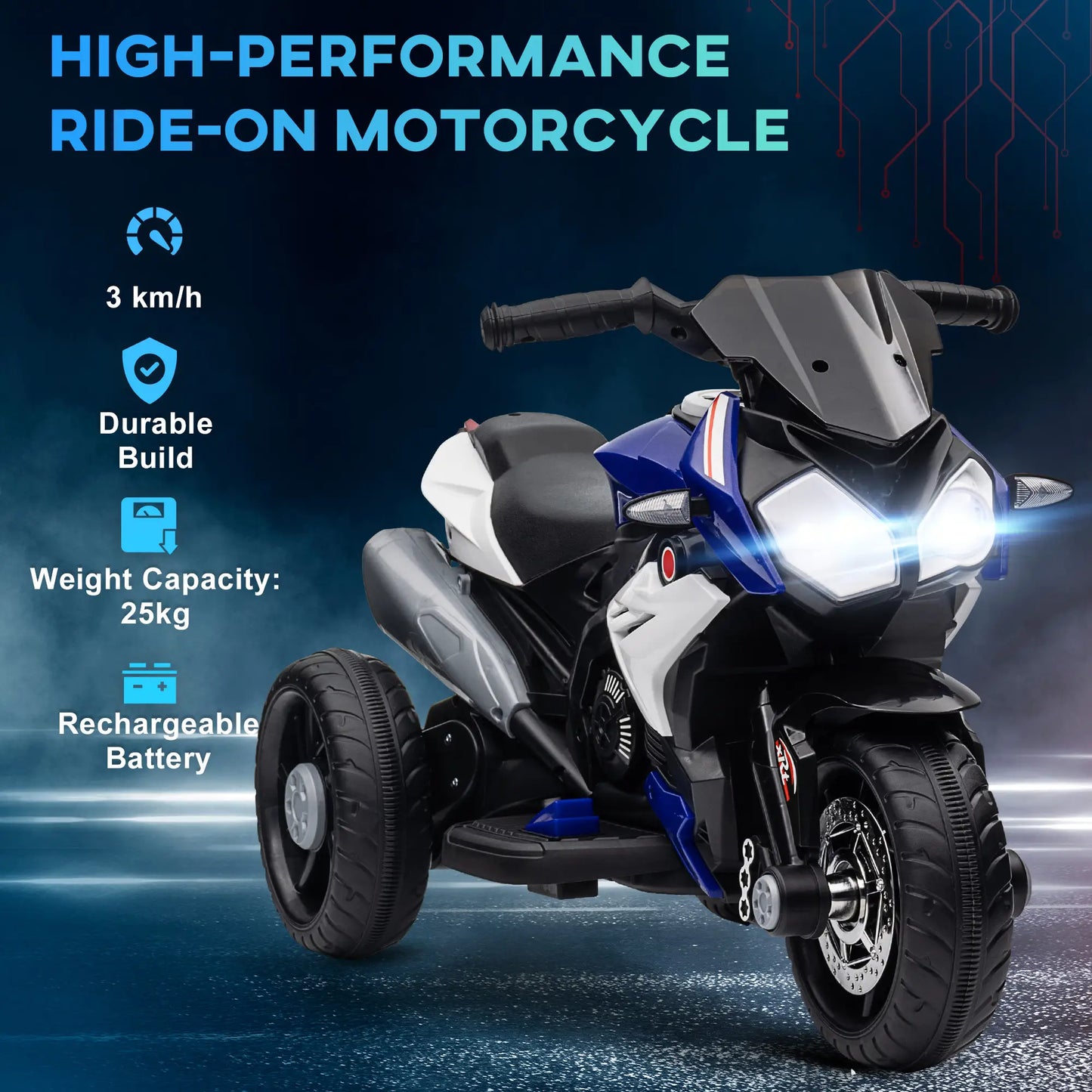 Kids Electric Motorcycle Ride-On Toy, 3 Wheels, Music, Horn, Lights, Blue Electric Motorcycles at Gallery Canada