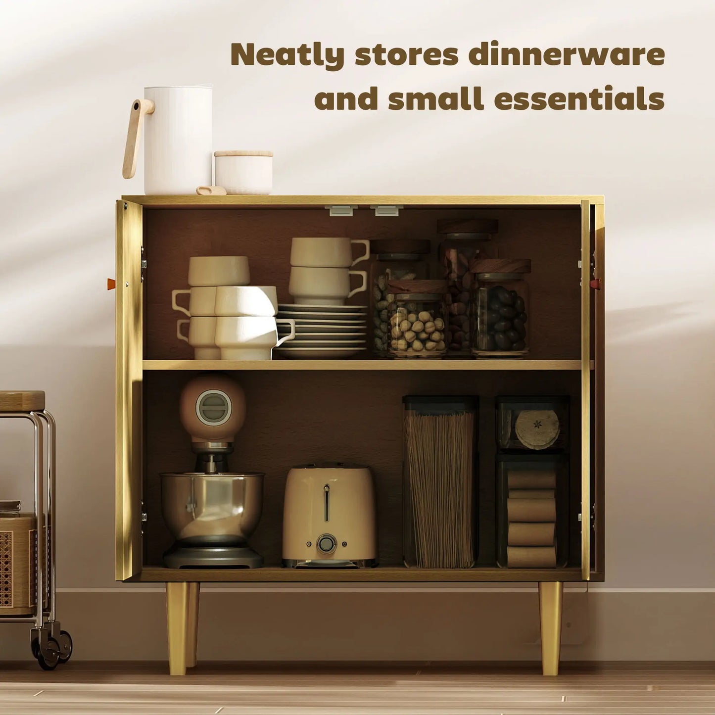 Oak Sideboard With Adjustable Shelf, 2 Doors, Gold Steel Legs, Gold Storage Cabinets at Gallery Canada