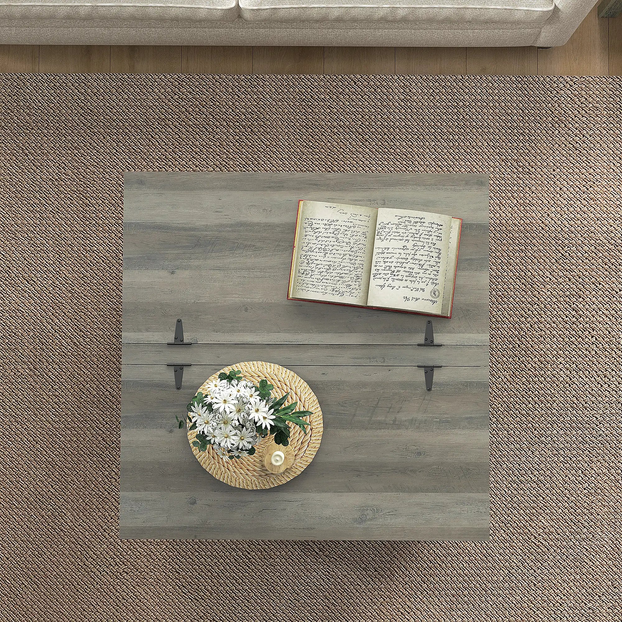 Farmhouse Coffee Table, Square Flip-Top Lid, Hidden Storage, Distressed, Grey Coffee Tables at Gallery Canada