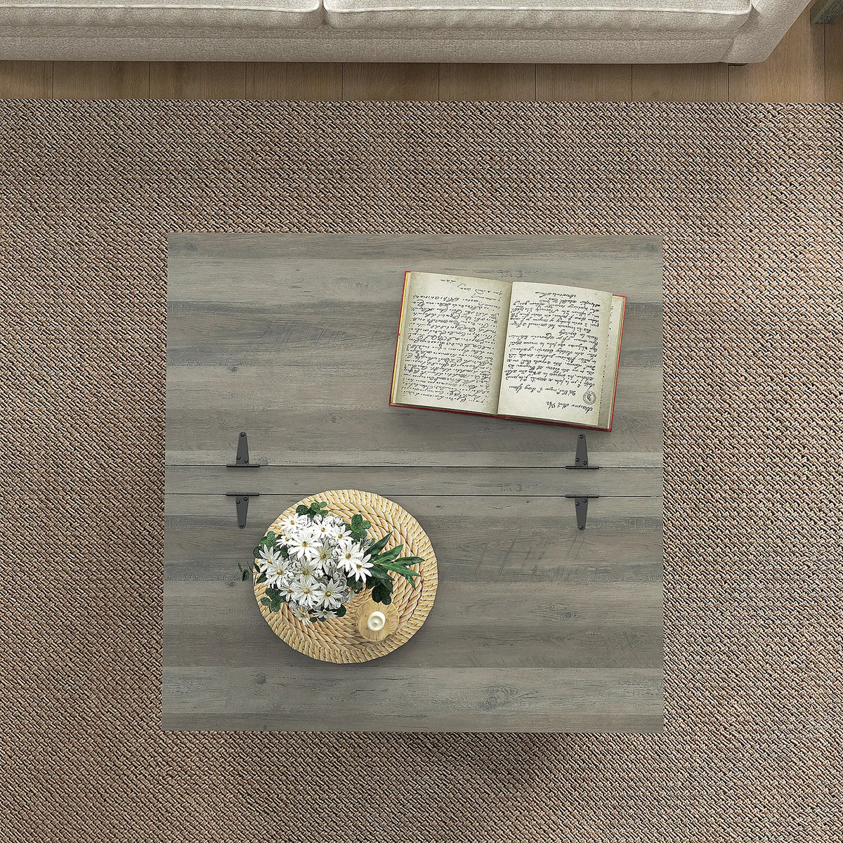 Farmhouse Coffee Table, Square Flip-Top Lid, Hidden Storage, Distressed, Grey Coffee Tables at Gallery Canada