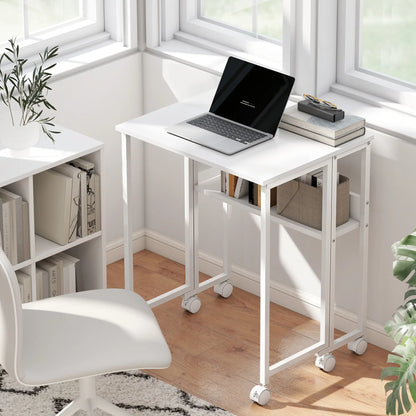 Folding Computer Desk with Storage Bag Shelf and Wheels White, White Writing Desks at Gallery Canada
