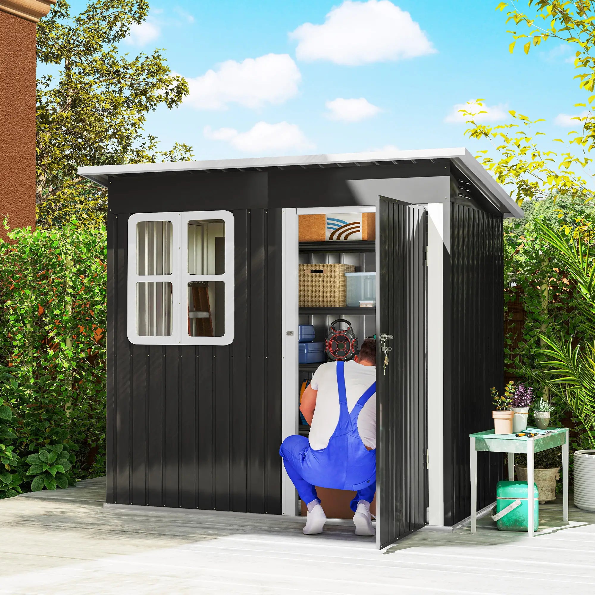7' x 4' Galvanised Steel Outdoor Storage Shed, Window, Lockable Door, Dark Grey Sheds at Gallery Canada