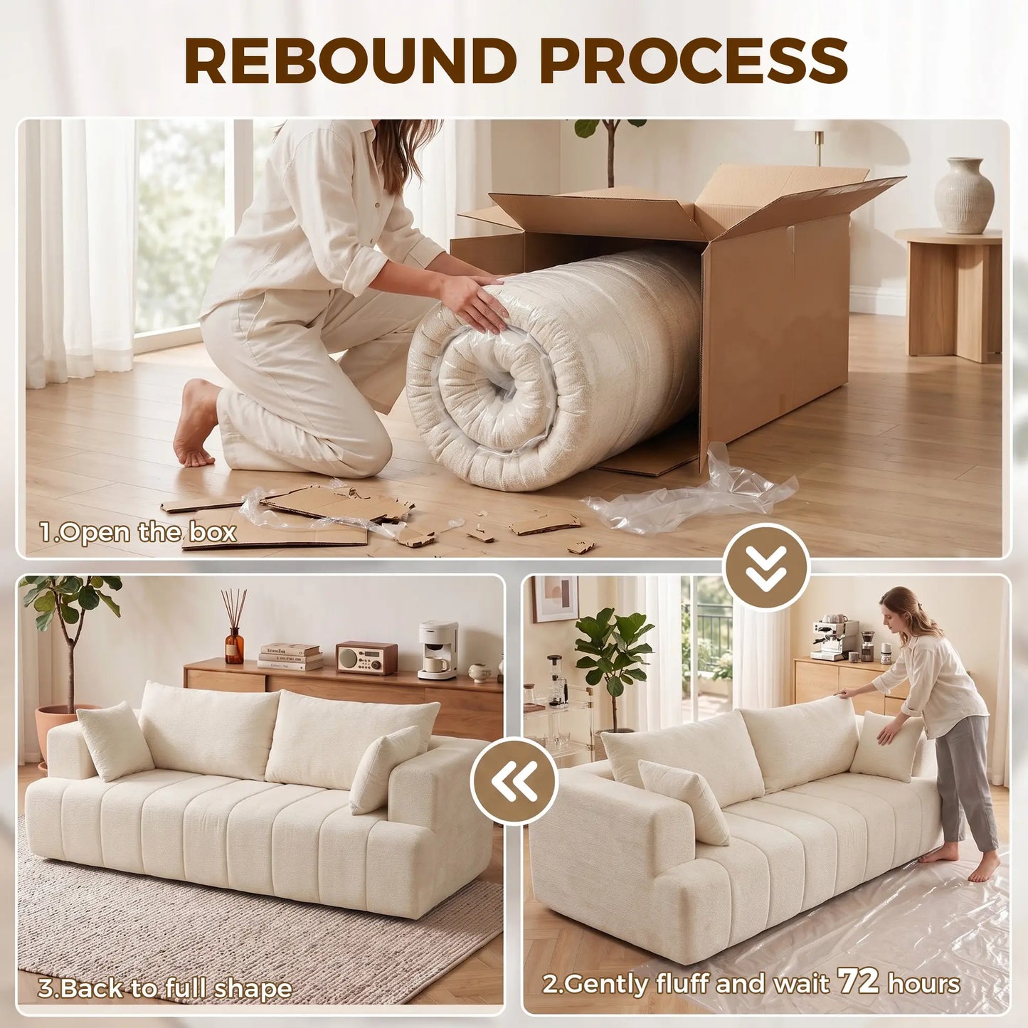 3 Seater Chenille Cloud Couch, Spring Cushion, Beige