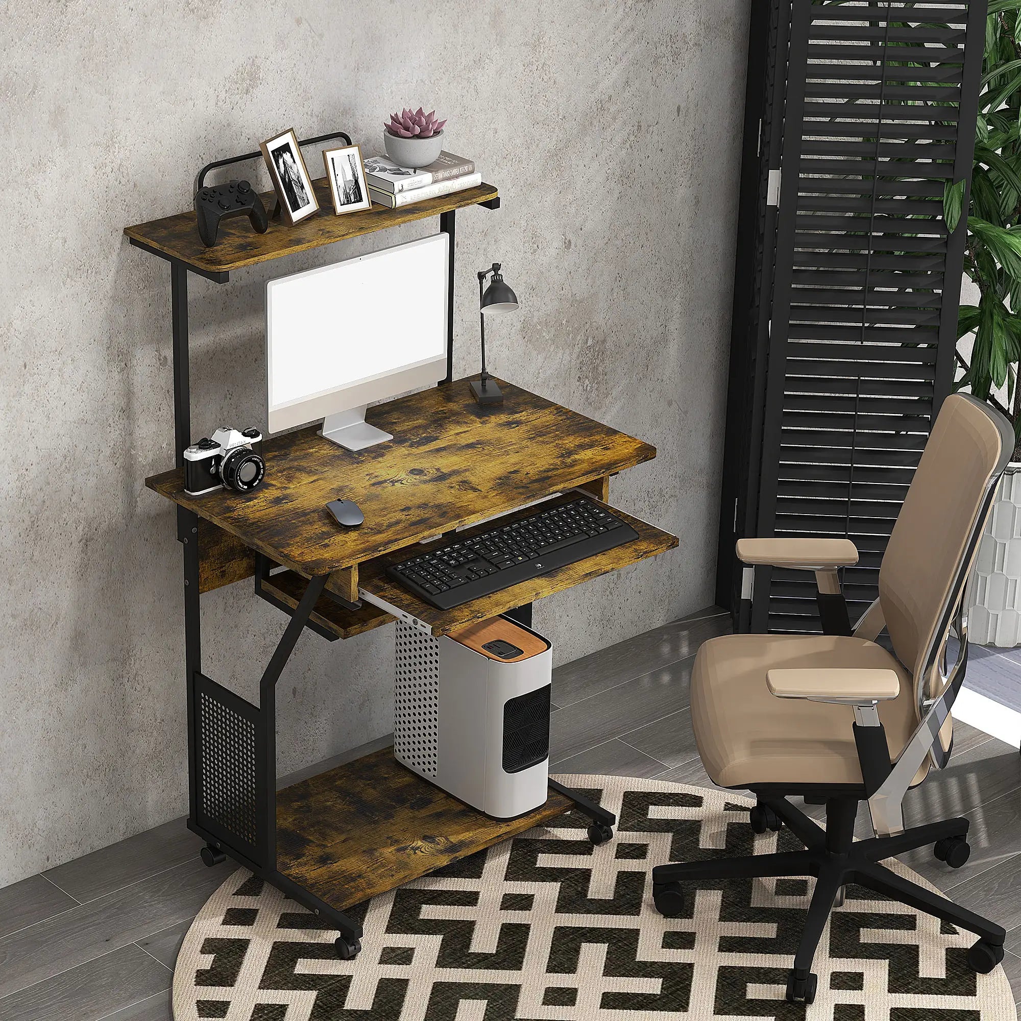 32 Mobile Computer Table, Rolling Study Desk with Keyboard Tray, Rustic Brown Computer Desks at Gallery Canada