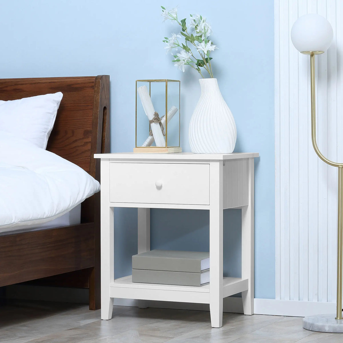 Modern Nightstand, Small End Table with Drawer, Storage Shelf, White Side Tables at Gallery Canada