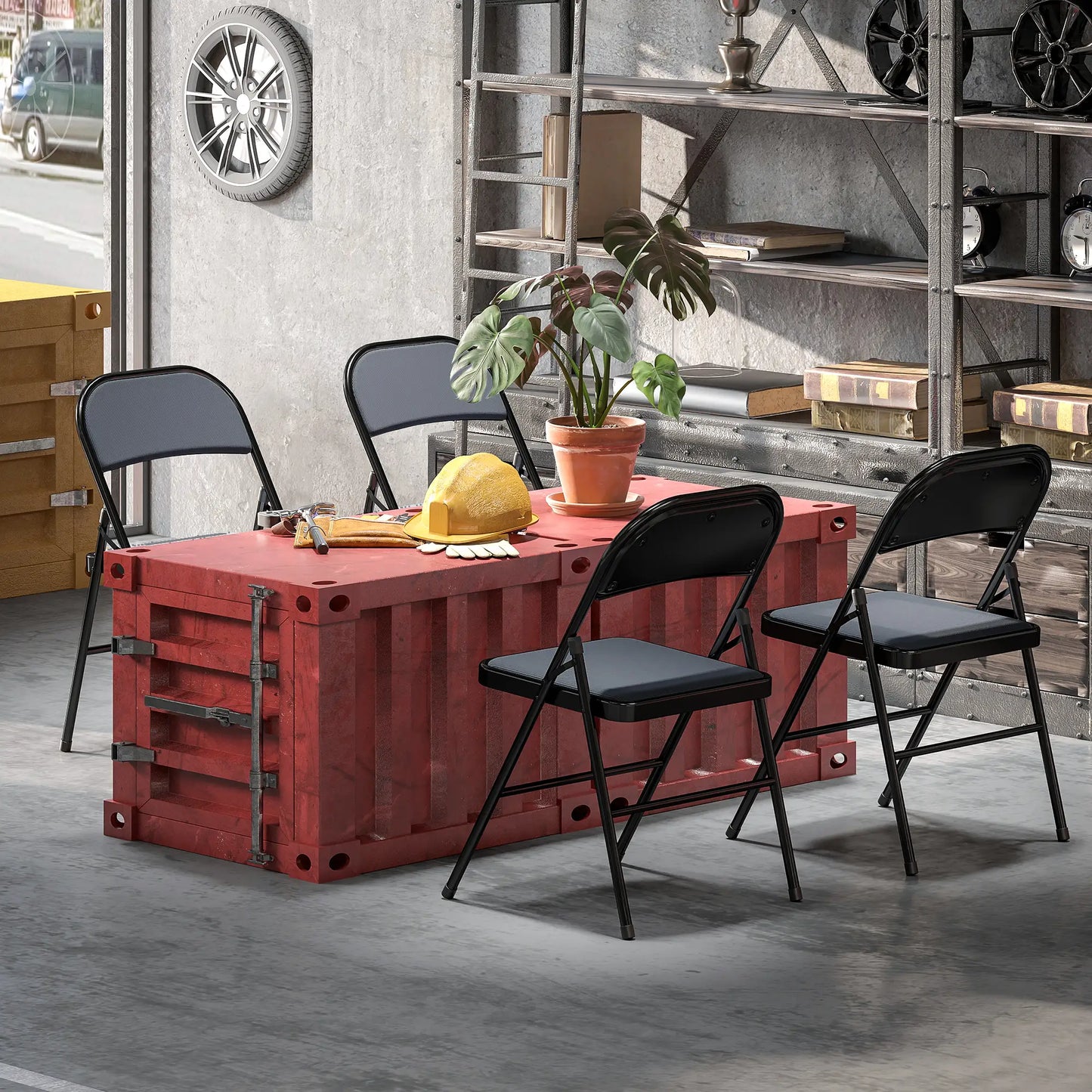 Set of 4 Metal Foldable Chairs, Corduroy Padded, Grey Dining Chairs at Gallery Canada