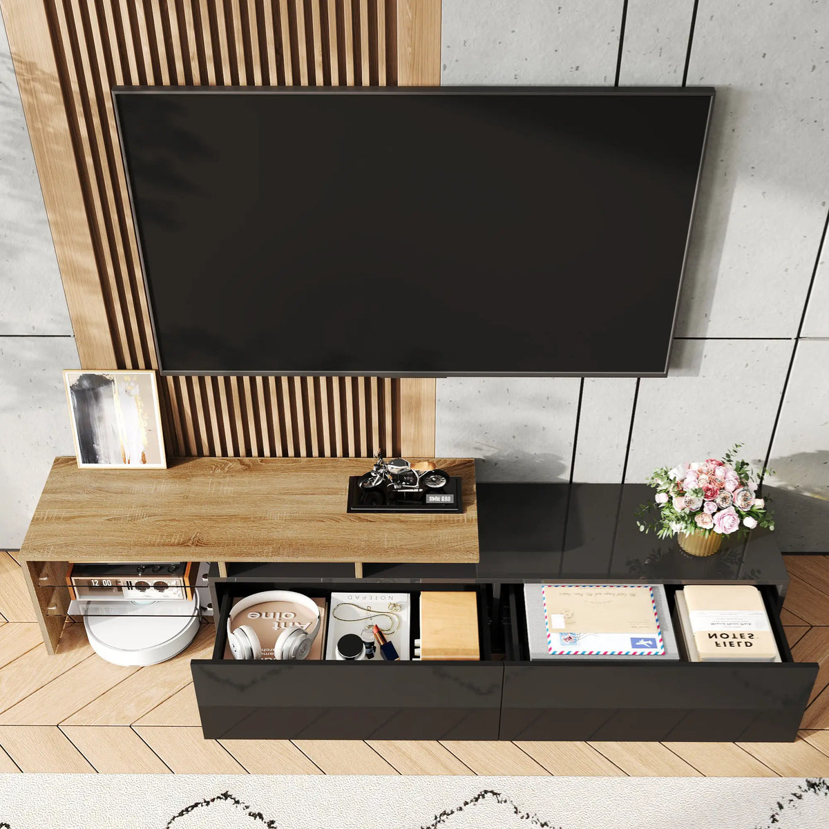 TV Cabinet With Glass Shelves, LED Lighting, 67" L x 13" W x 13" H, Natural, Black TV Stands at Gallery Canada