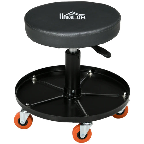 Adjustable Pneumatic Mechanic Stool, with Tool Tray, Wheels, Black