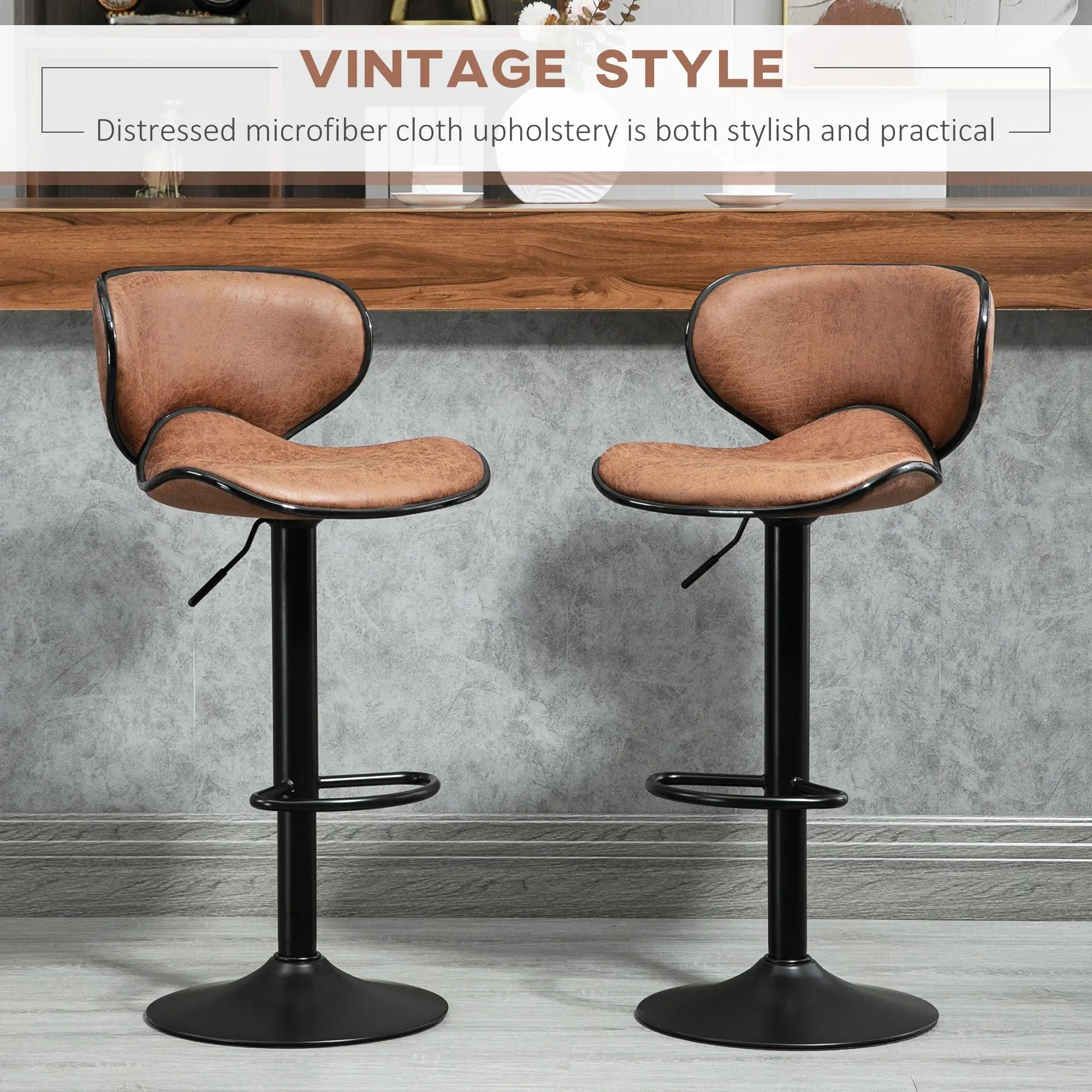Vintage Set of 2 Adjustable Bar Stools, Swivel Seat, Brown Bar Stools at Gallery Canada