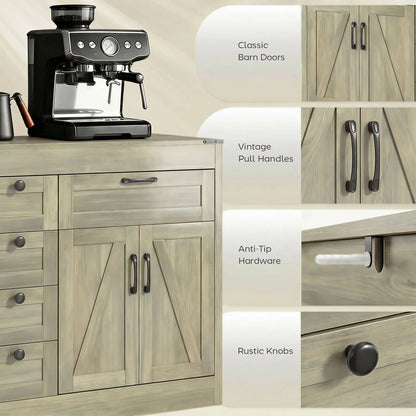 55" Farmhouse Sideboard Buffet Cabinet, 4 Barn Doors, 6 Drawers, Grey Bar Cabinets at Gallery Canada