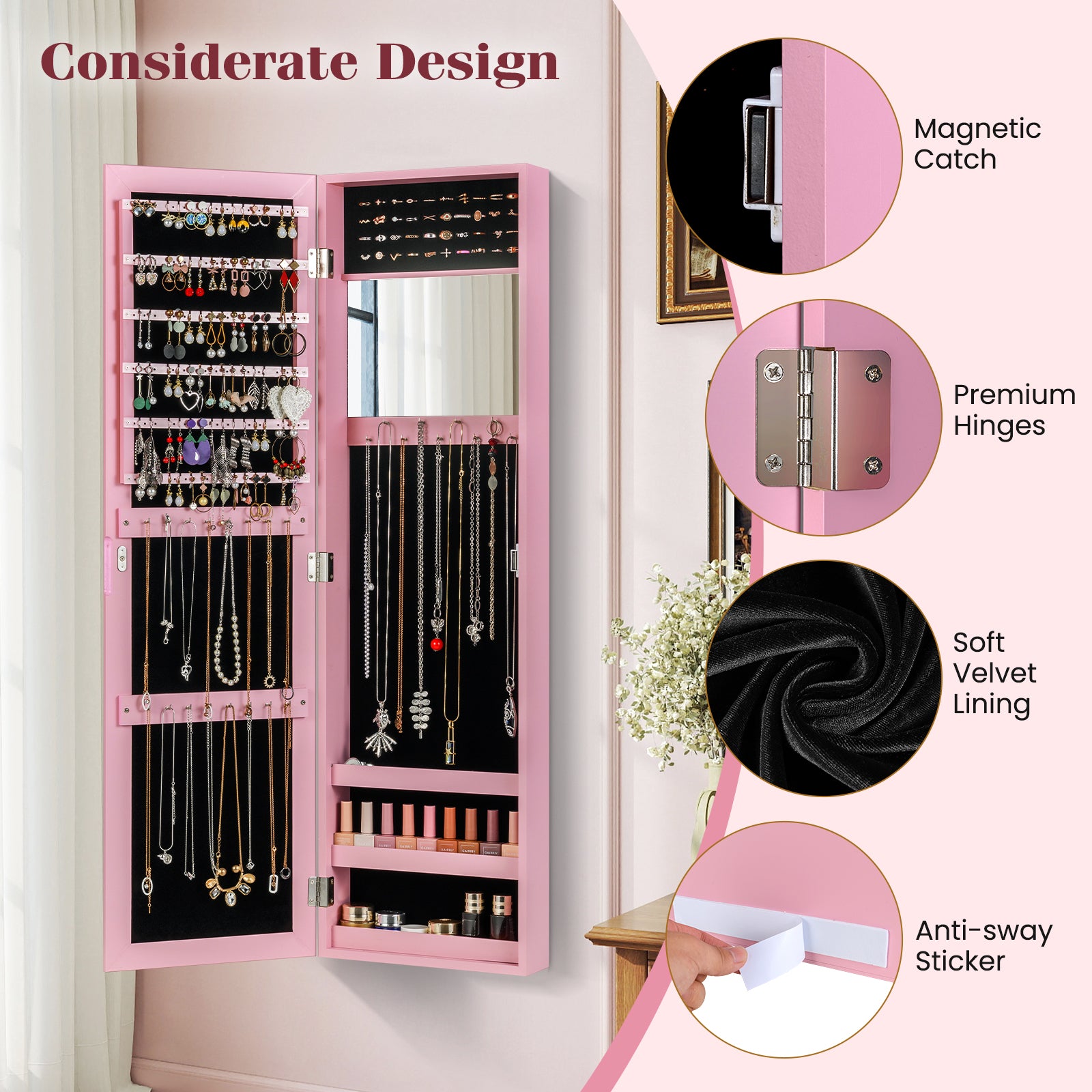 Wall Mounted Jewelry Cabinet, Modern Hanging Organizer, Pink Jewelry Armoires at Gallery Canada