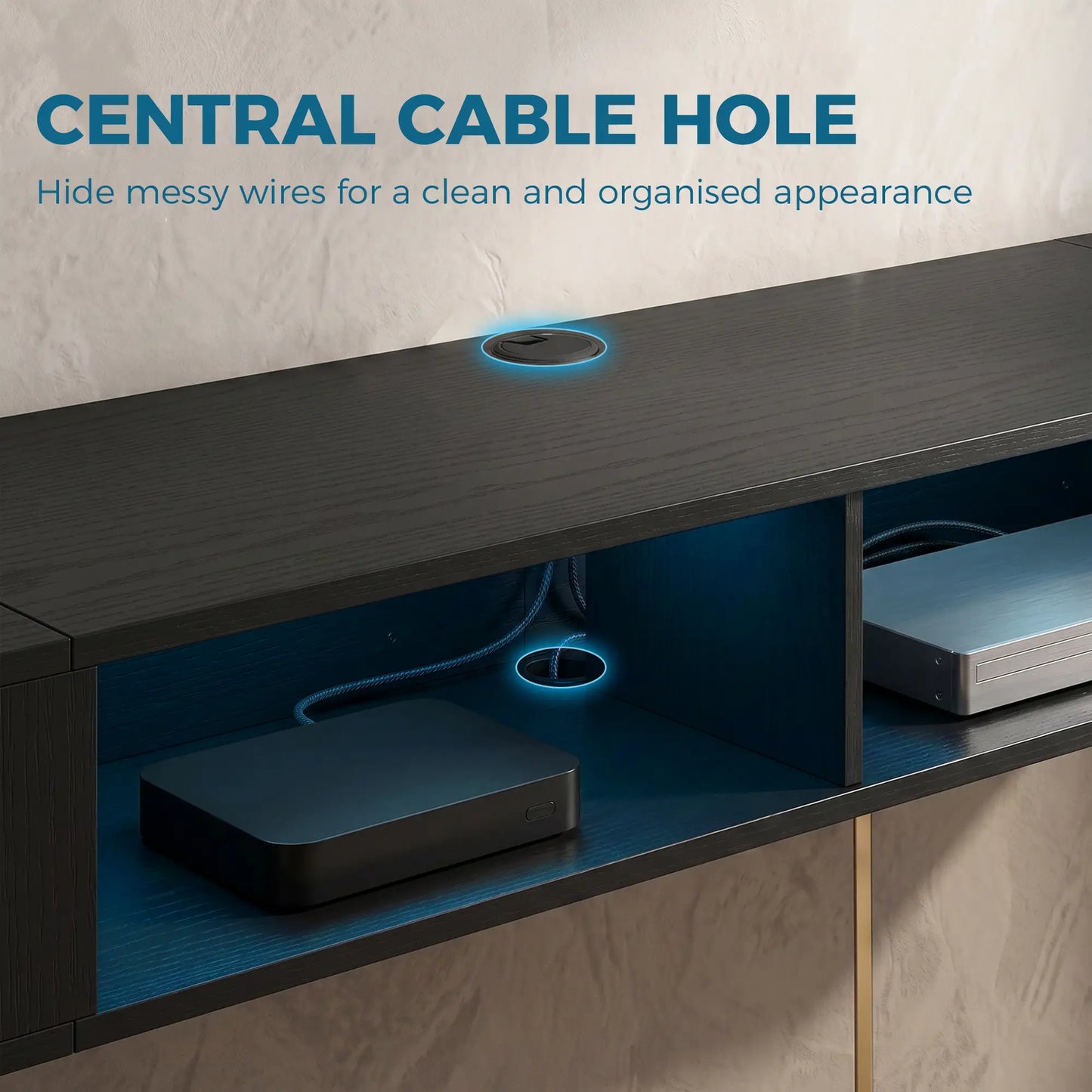 TV Stand with RGB LED Lights, Entertainment Center with Open Shelves for 75 Inch TV, Black Wood Grain TV Stands at Gallery Canada