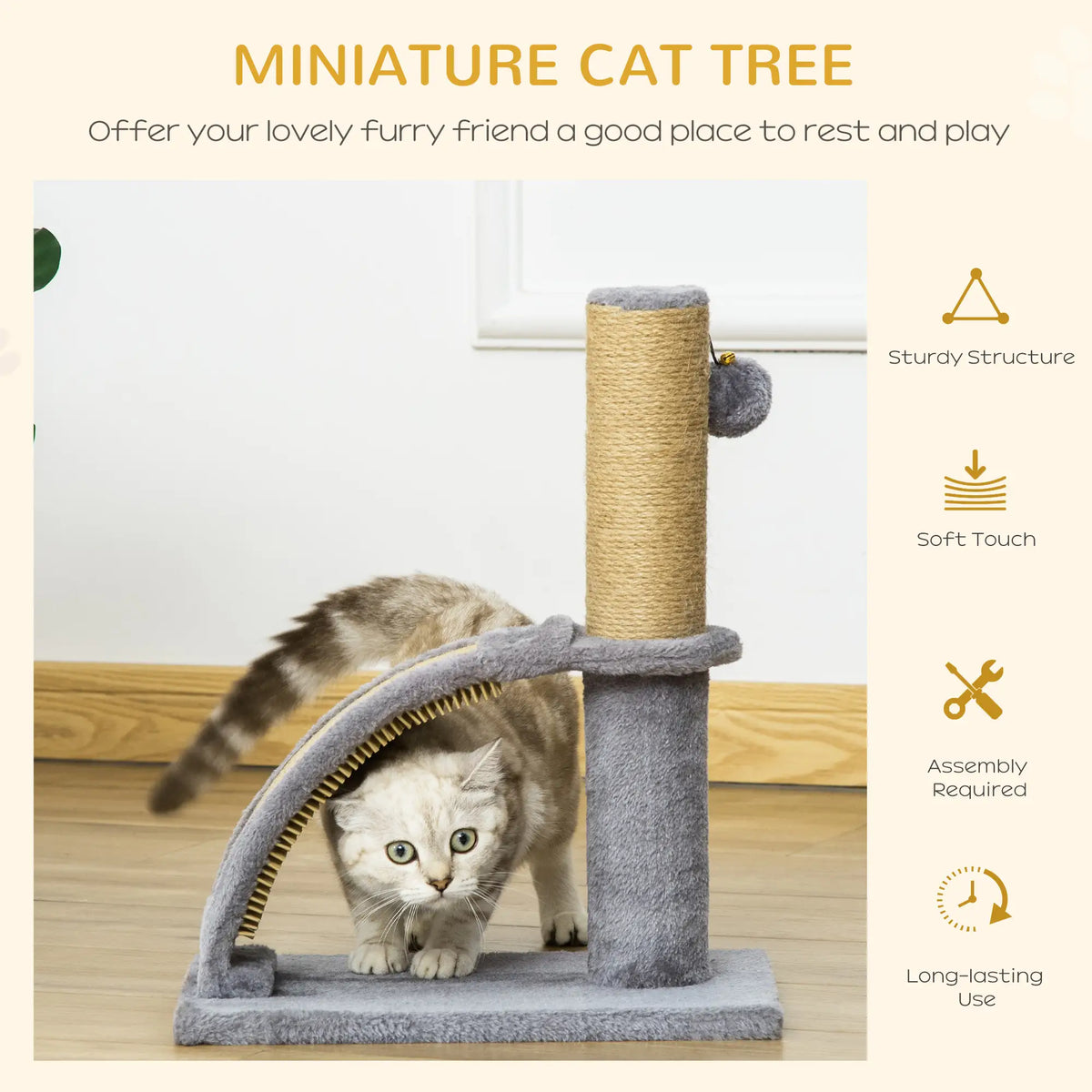 17" Small Cat Tree, Jute Scratching Post, Curved Board, Dangling Ball, Grey Cat Trees at Gallery Canada