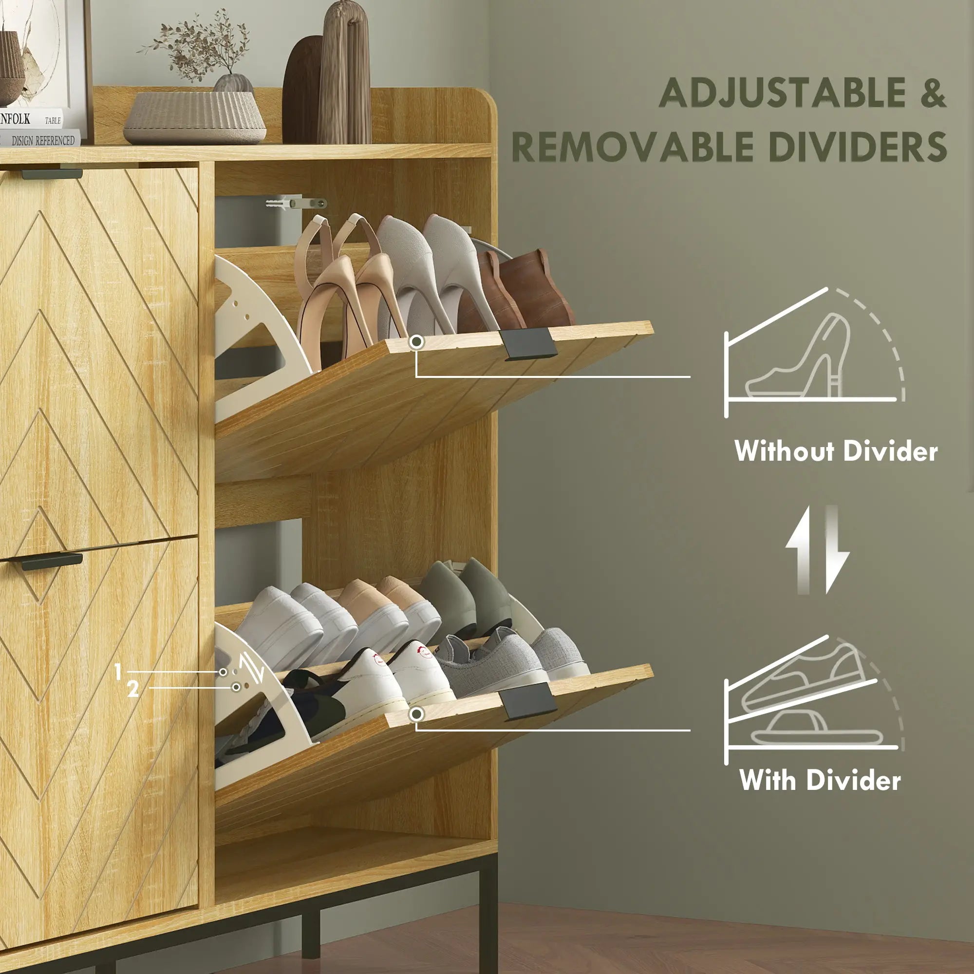 Narrow Shoe Storage Cabinet, 4 Flip Drawers, Holds 16 Pairs, Oak Shoe Storage Cabinets & Racks at Gallery Canada