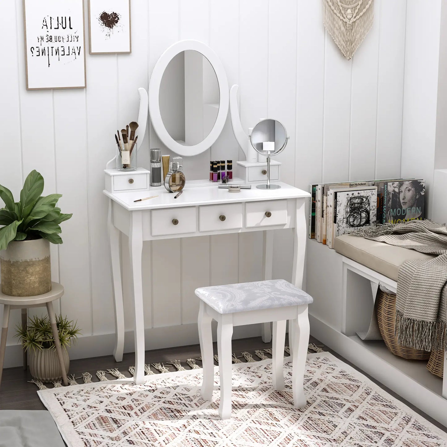 Wooden Vanity Table Set, Makeup Dressing Table with 360° Rotating, 5 Drawers and Padded Stool, White Dressing & Vanity Tables at Gallery Canada