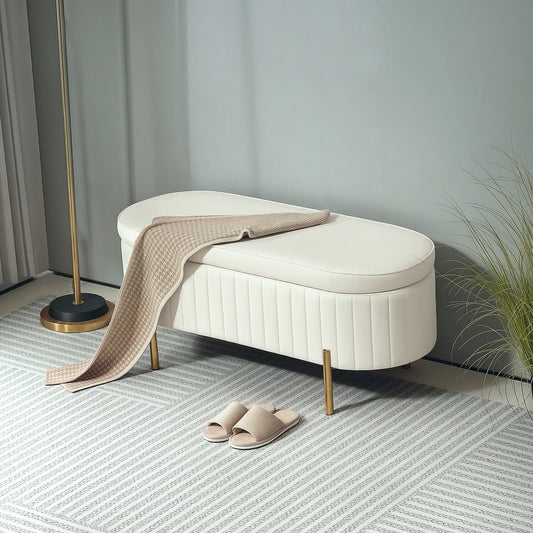 Upholstered Channel Tufted Ottoman Bench, Thick Padding, Metal Legs, Cream White Storage Ottomans & Benches Cream at Gallery Canada