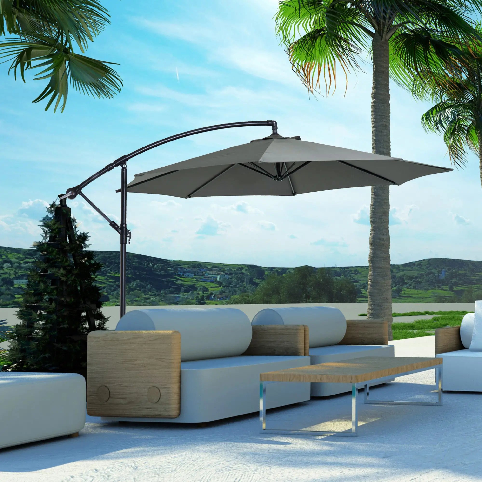 9.7ft Offset Patio Umbrella, Crank Handle, 8 Ribs, Cross Base, Cream Offset Cantilever Umbrellas at Gallery Canada