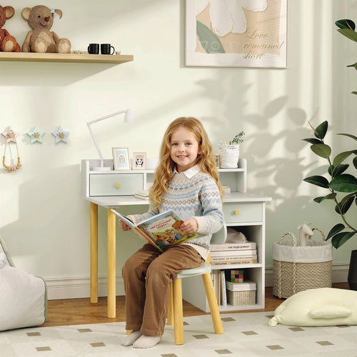 Kids Study Table and Chair Set with Storage, for 3-8 Year Old, Green