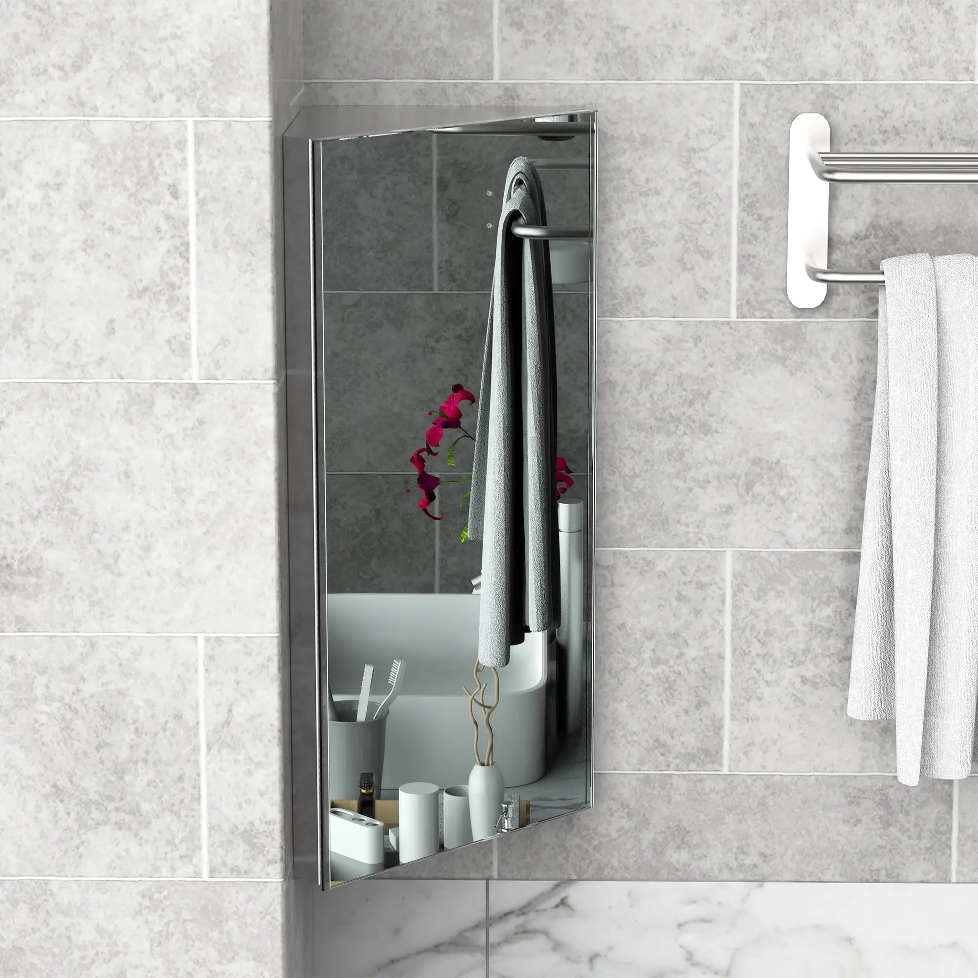 Wall Mounted Bathroom Corner Mirror Cabinet, Single Door, Stainless Steel Mirror Medicine Cabinets at Gallery Canada