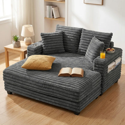 60" Chaise Lounge Chair, Upholstered Sofa Bed with Cup Holders, Grey Sofas & Reclining Chairs at Gallery Canada