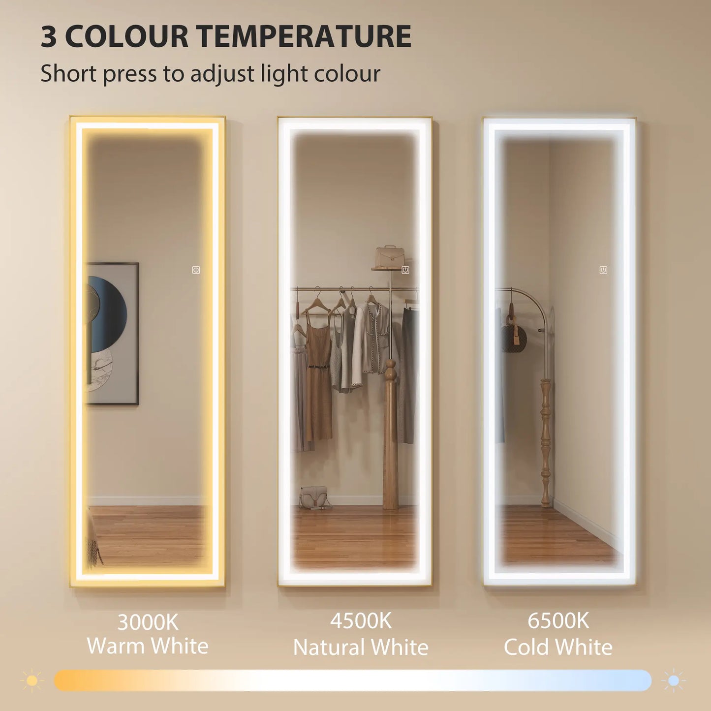 LED Mirror with Dimmable 3 Color Lights, 64" x 21", Gold Full Length Mirrors at Gallery Canada