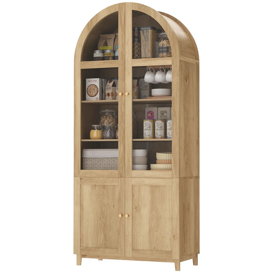 71" Tall Arched Kitchen Pantry Cabinet, Adjustable Shelves, Acrylic Doors, Oak Kitchen Pantry Cabinets Oak at Gallery Canada