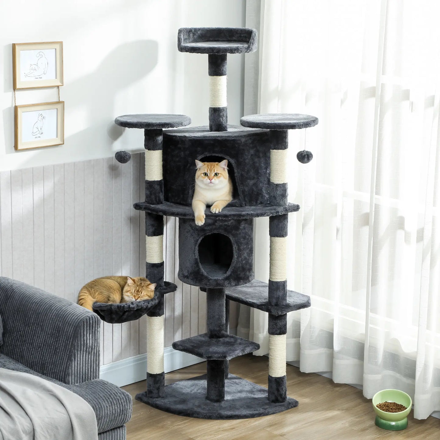 62" Cat Tree, Scratching Post, 2 Condos, Hammock, Perches, Dark Grey Multi-Level Cat Towers at Gallery Canada