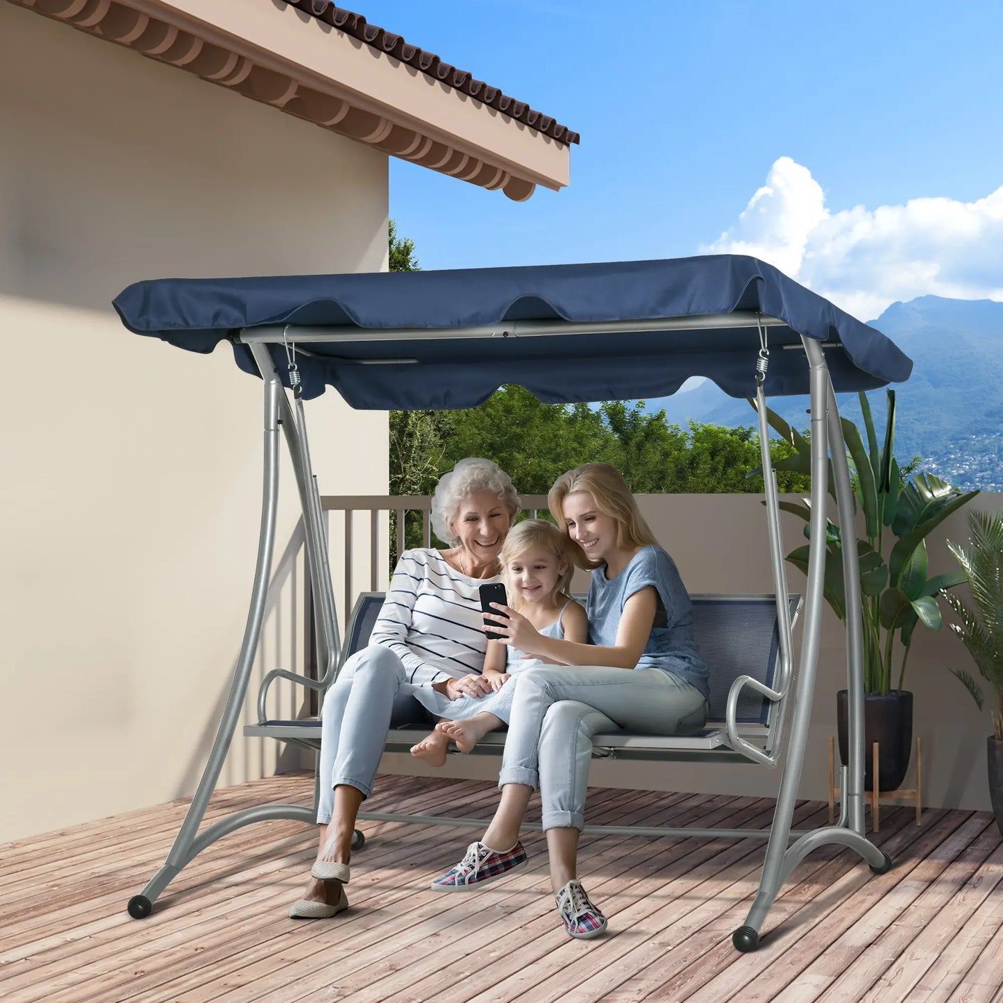 3-Seater Outdoor Swing Bench, Adjustable Canopy, Dark Blue Porch Swings with Canopy at Gallery Canada