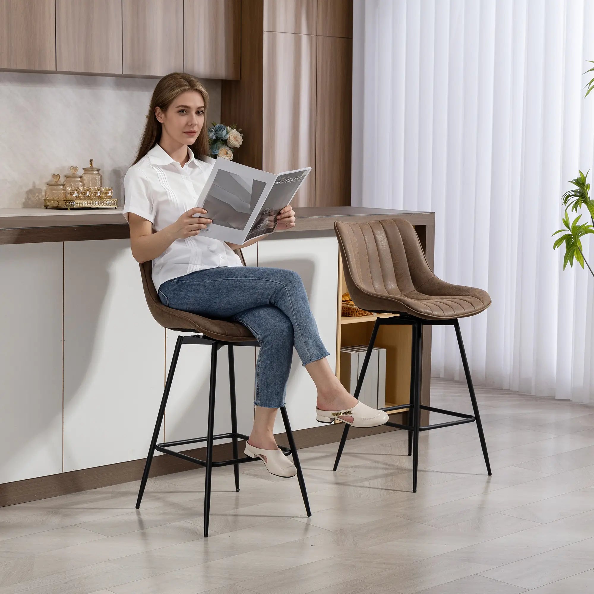 Set of 2 Counter Height Barstools, PU Leather, Brown Bar Stools at Gallery Canada
