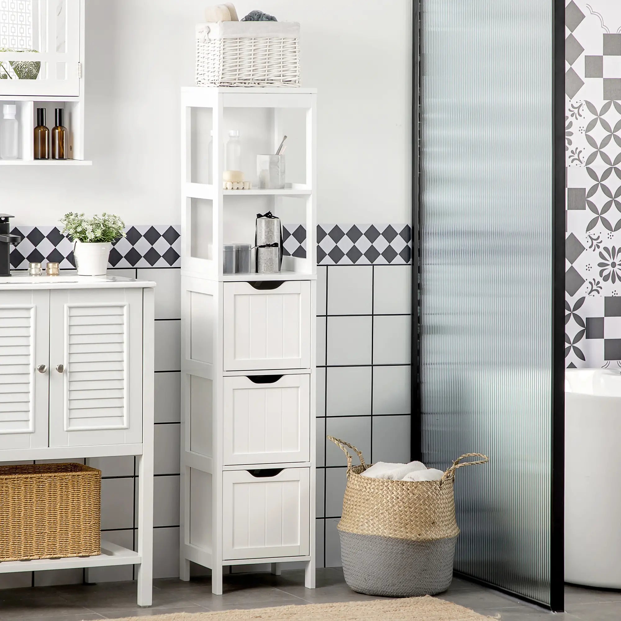 Narrow Bathroom Cabinet, 3 Drawers, 2 Tier Shelf, Tall Cupboard, White Bathroom Cabinets at Gallery Canada
