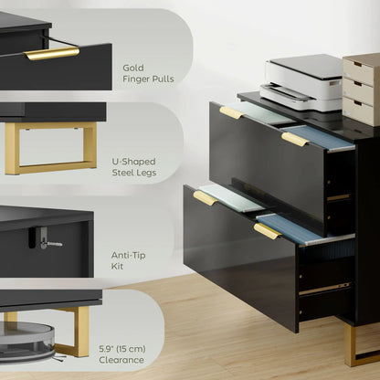 Lateral File Cabinet, 2 Drawers, Letter/A4/Legal Size, High Gloss Black Office Cabinets & Cupboards at Gallery Canada