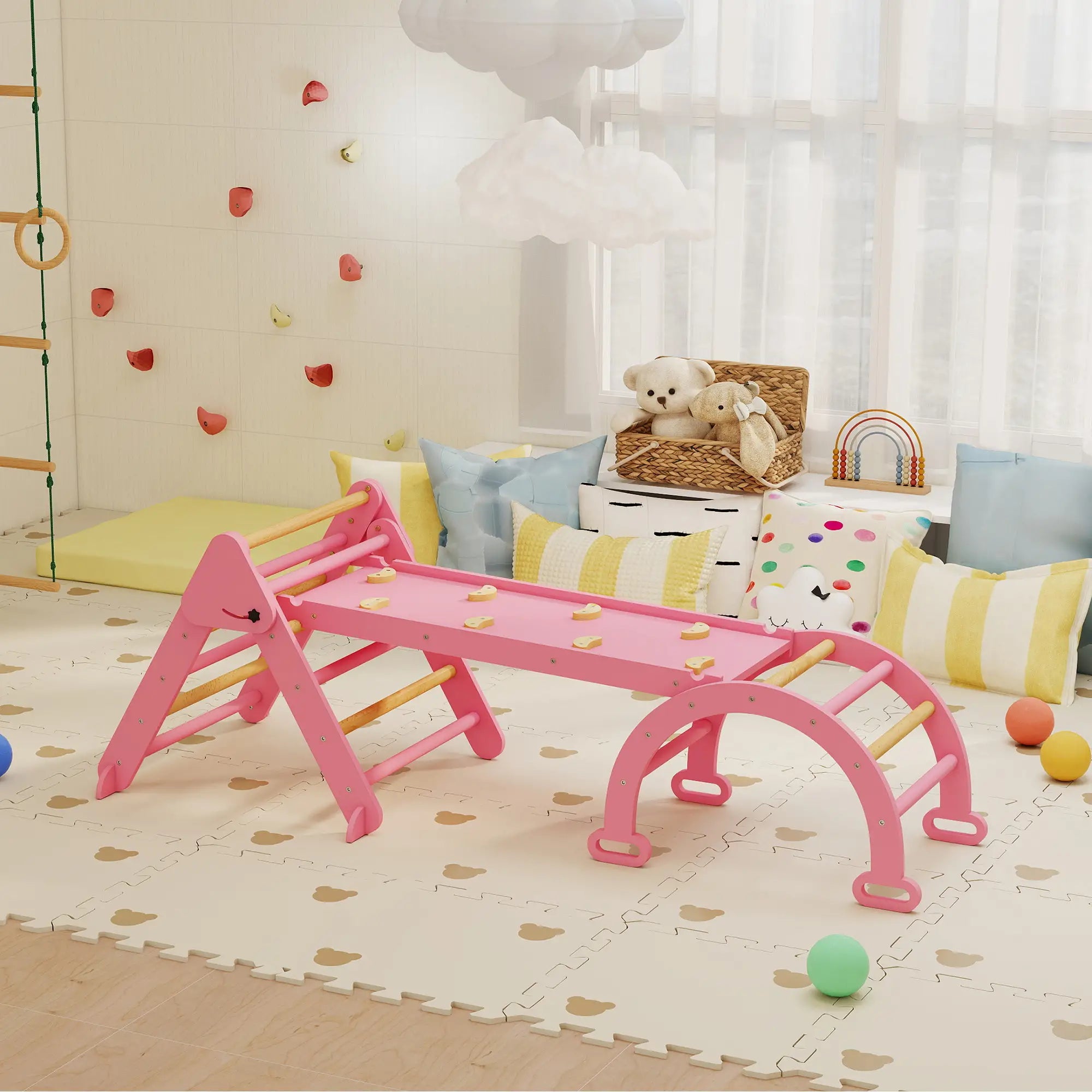 7-in-1 Pikler Triangle Set, Foldable Wooden Climbing Toys, Pink Kids Gym & Playmats at Gallery Canada