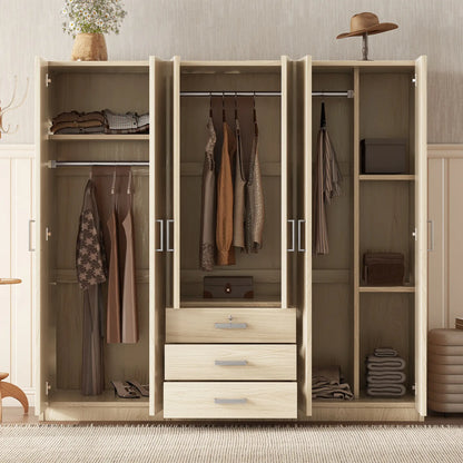 Wooden Wardrobe, 3 Drawers, MDF, Silver Handles, 71" L x 19" W x 68" H, Natural Clothing Storage at Gallery Canada